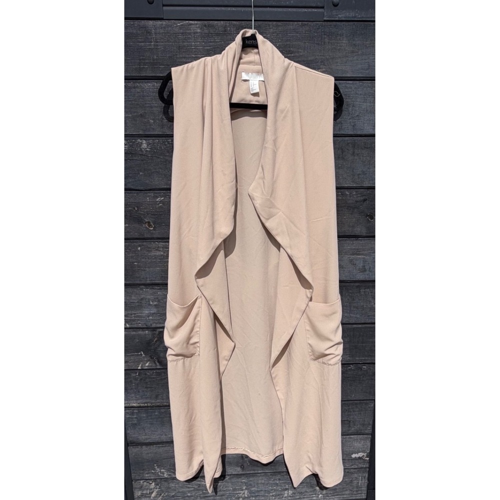 H&M Womens Beige Longline Duster Vest Open Front Sleeveless Shawl Collar Size 12